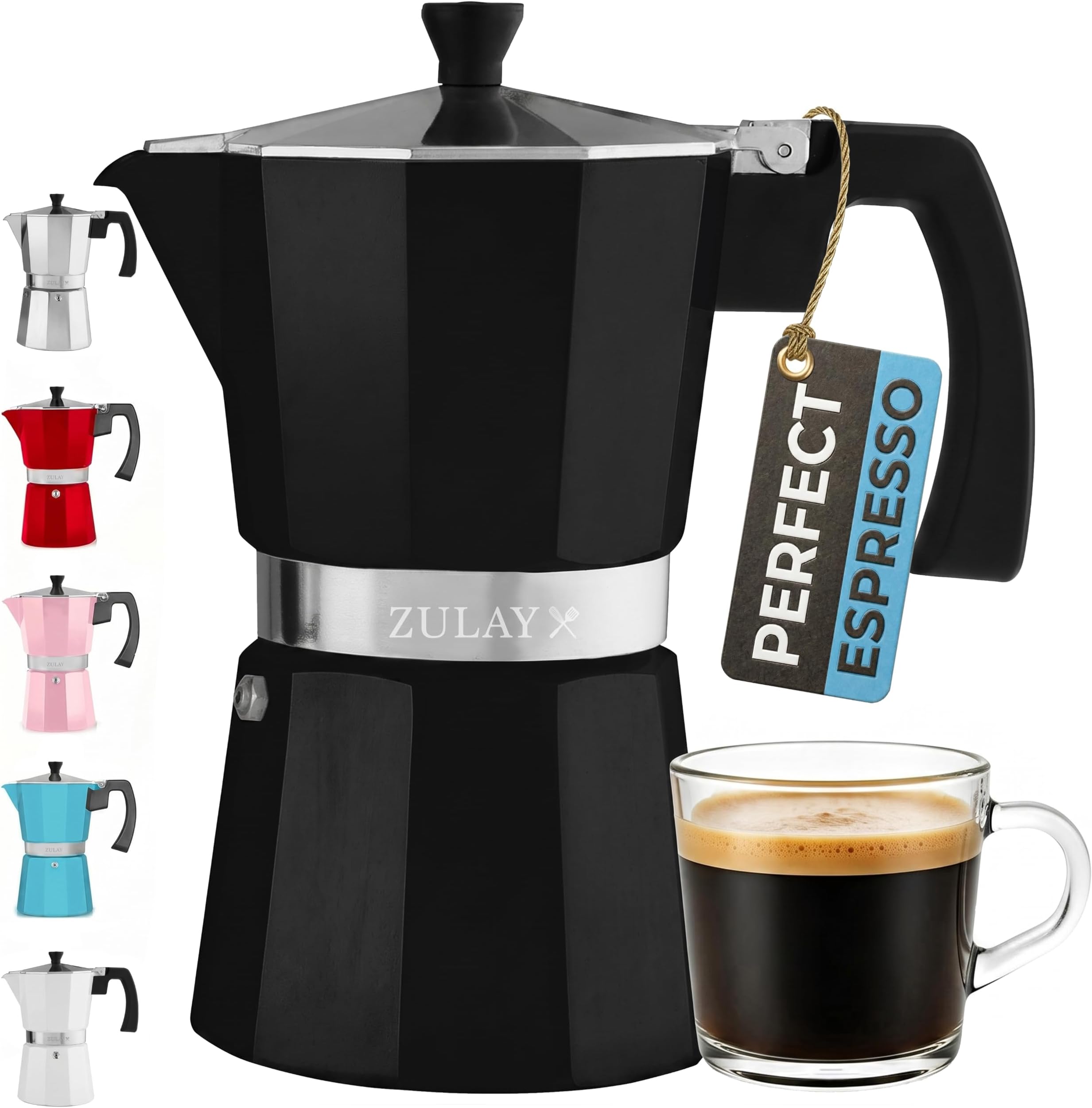 Zulay Moka Pot Espresso Stovetop Coffee Maker - Leak-Proof, Stainless Steel, Easy to Clean, Heat Resistant Handle & Knob - for Authentic Cuban & Italian Style Espresso - Makes 9 Espresso Cups - Black