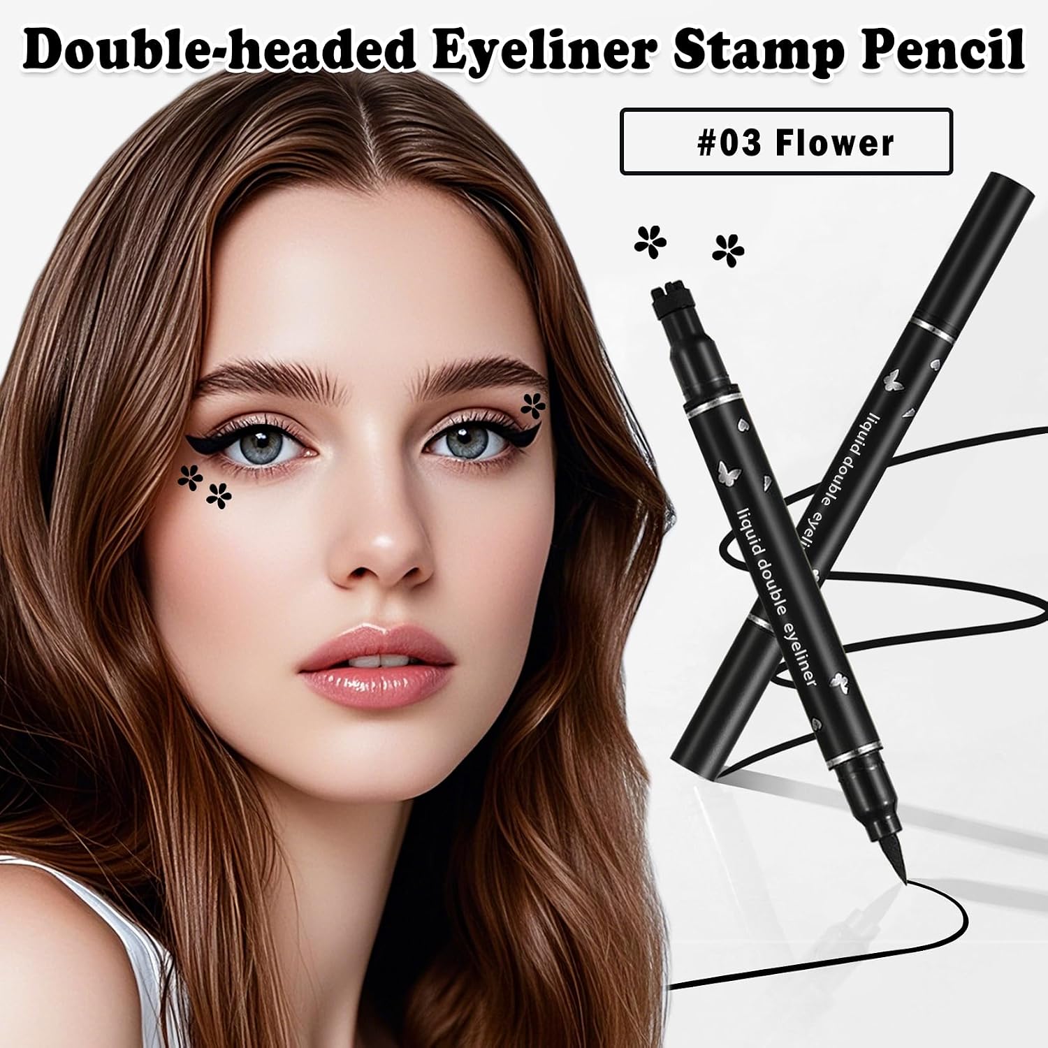 Double-headed Liquid Winged Black Eyeliner Stamp Pen Set,03Flower image 2