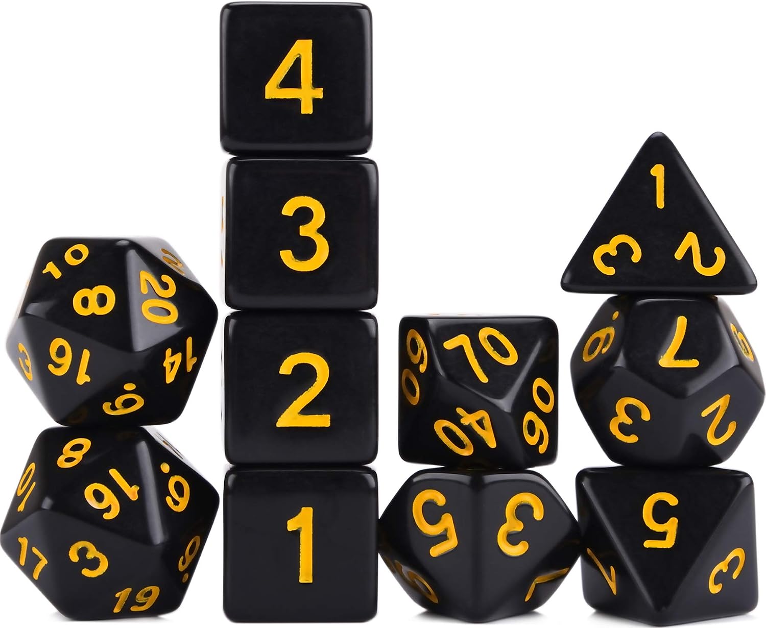 11 Piece RPG Polyhedron Dice Set with Drawstring Bag for Dungeons and Dragons 5e DND Tabletop Games (Opaque Black with Yellow Number)