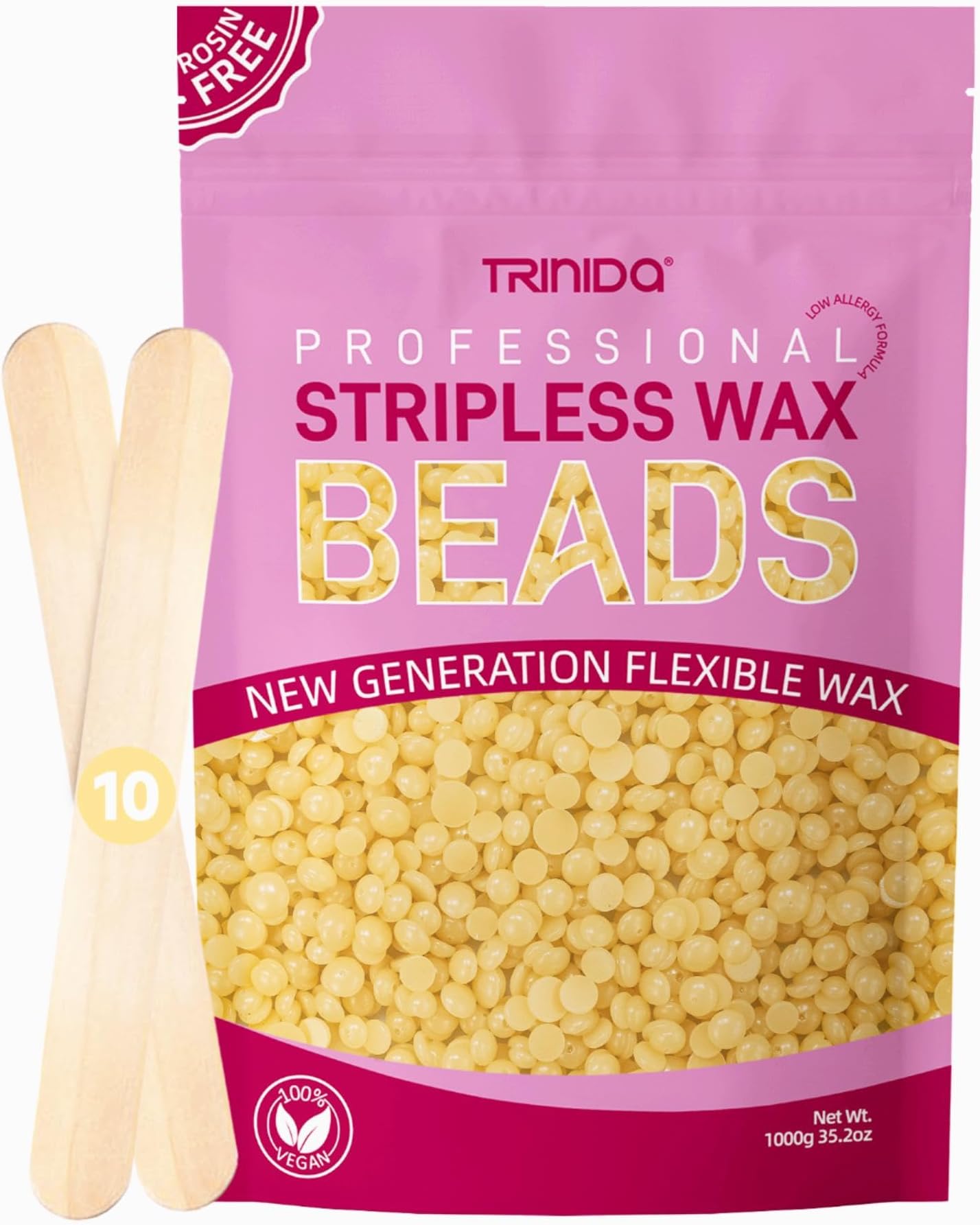 TRINIDaWax Beads, Professional Hard Wax Beads 1kg with 10 Applicators, For Full Body and Facial, Painless Gentle Hair Removal Wax Beads for Women and Men (Honey)