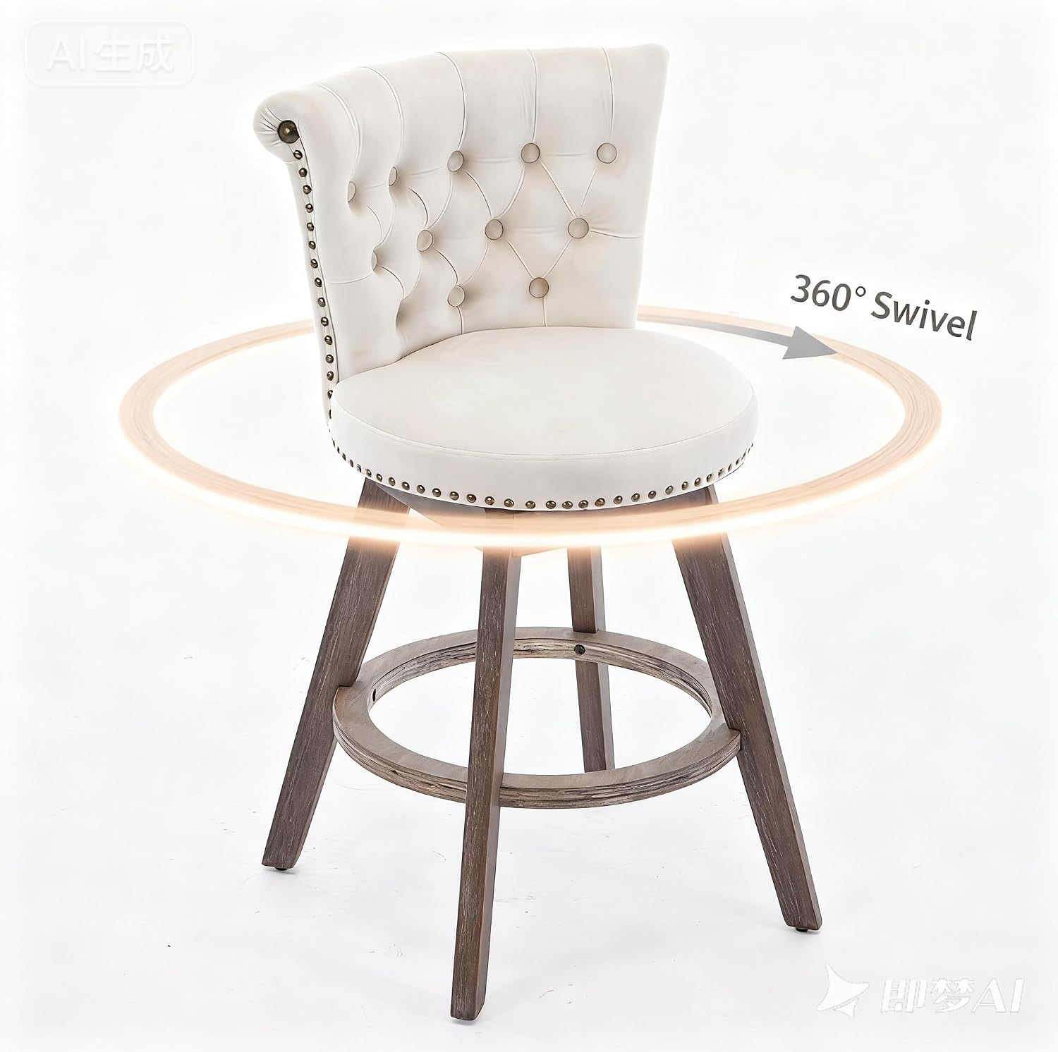 Bar Stools Set of 2,26" Counter Height Swivel Barstools with Back,Upholstered Velvet Kitchen Island Chairs,Mid Century Modern Design,Tufted Button and Nailhead Trim,Solid Wood Legs,Footrest Ring,Beige