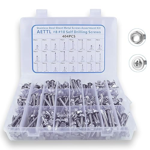 Juego surtido de 404 tornillos autoperforantes, cabeza hexagonal de acero inoxidable #8#10 y tornillos de oblea de roscado, incluye los 24 tamaños