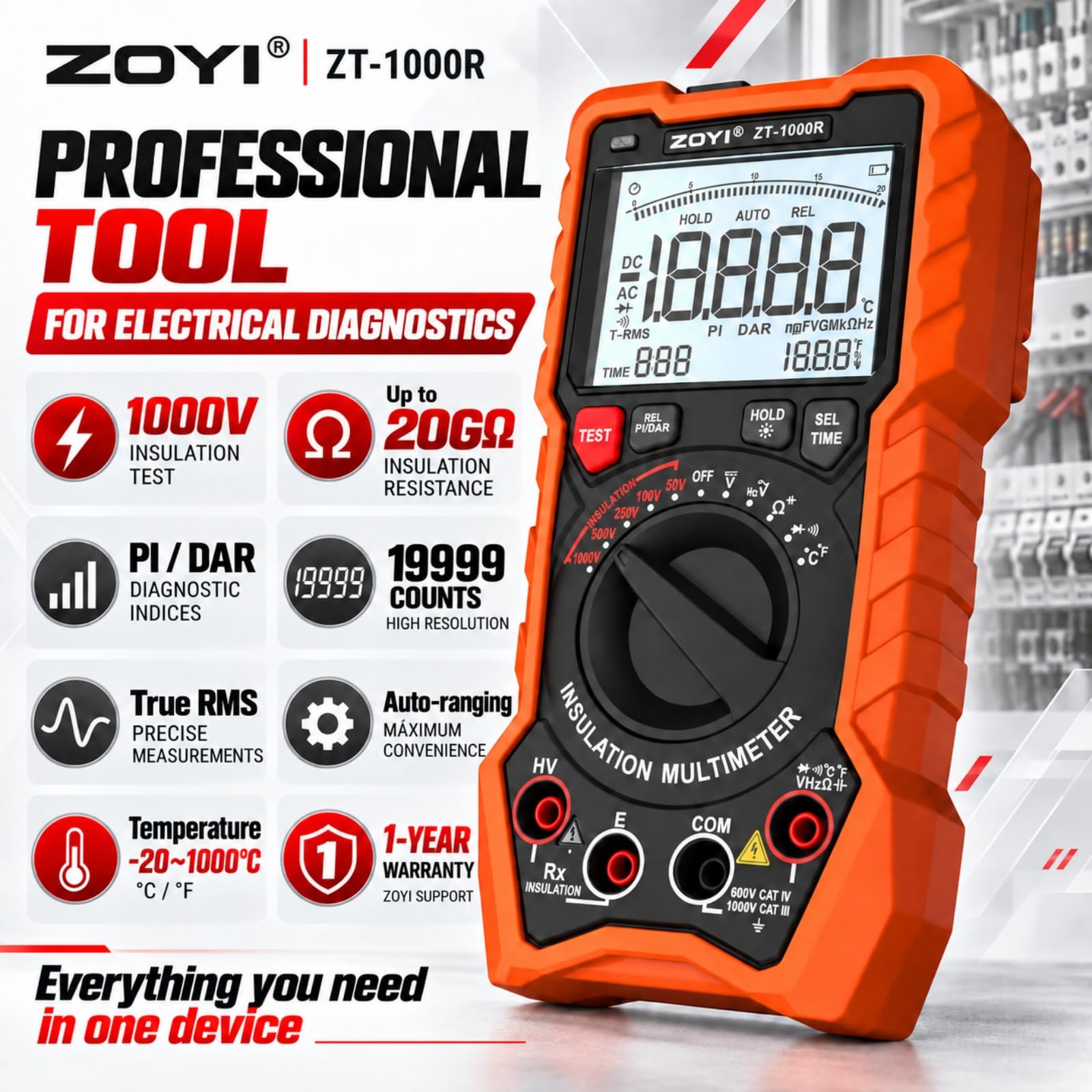 ZOYI ZT-1000R 2 in 1 Megohmmeter Multimeter, 50V/100V/250V/500V/1000V 5 Gear with DAR&PI, Insulation Resistance up to 20GΩ, 19999 Counts Auto Range T-RMS, V,Ω,C,FREQ,Temp, Diode,Continuity Tester — Amazon image 8