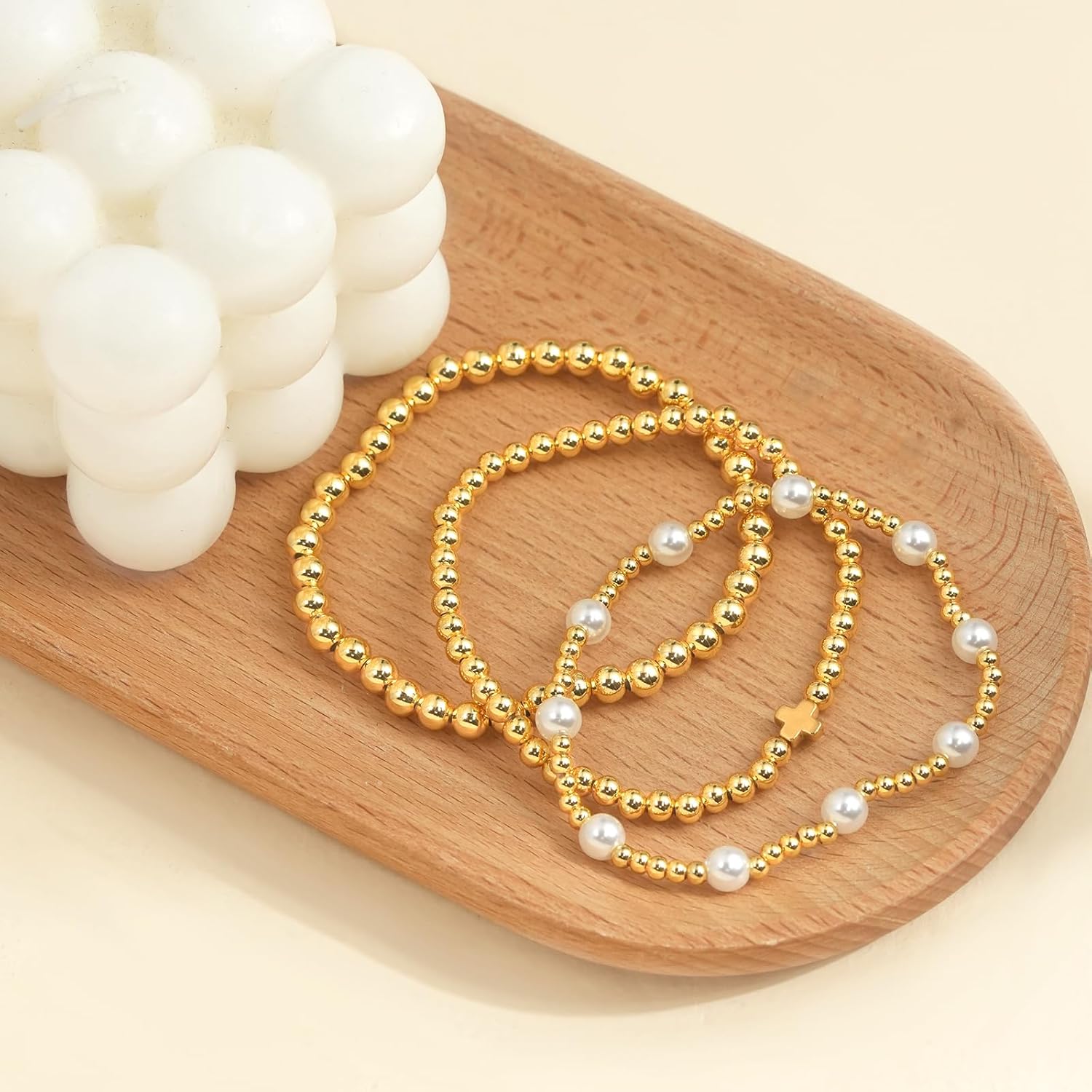 Gold Beaded Pearl Bracelets for Women 18k Gold Plated Stretch Stackable Cross Bracelets Boho Christian Jewelry Gifts - Image 6