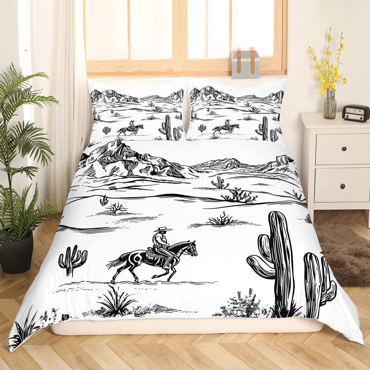 Western Duvet Cover Toddler Size for Kids Boys Teens,Cowboy Desert Adventure 2 Pieces Duvet Cover,Tropical Cactus Plants Soft Comforter Cover (Not Comforter),Hand Drawn Landscape Quilt Cover