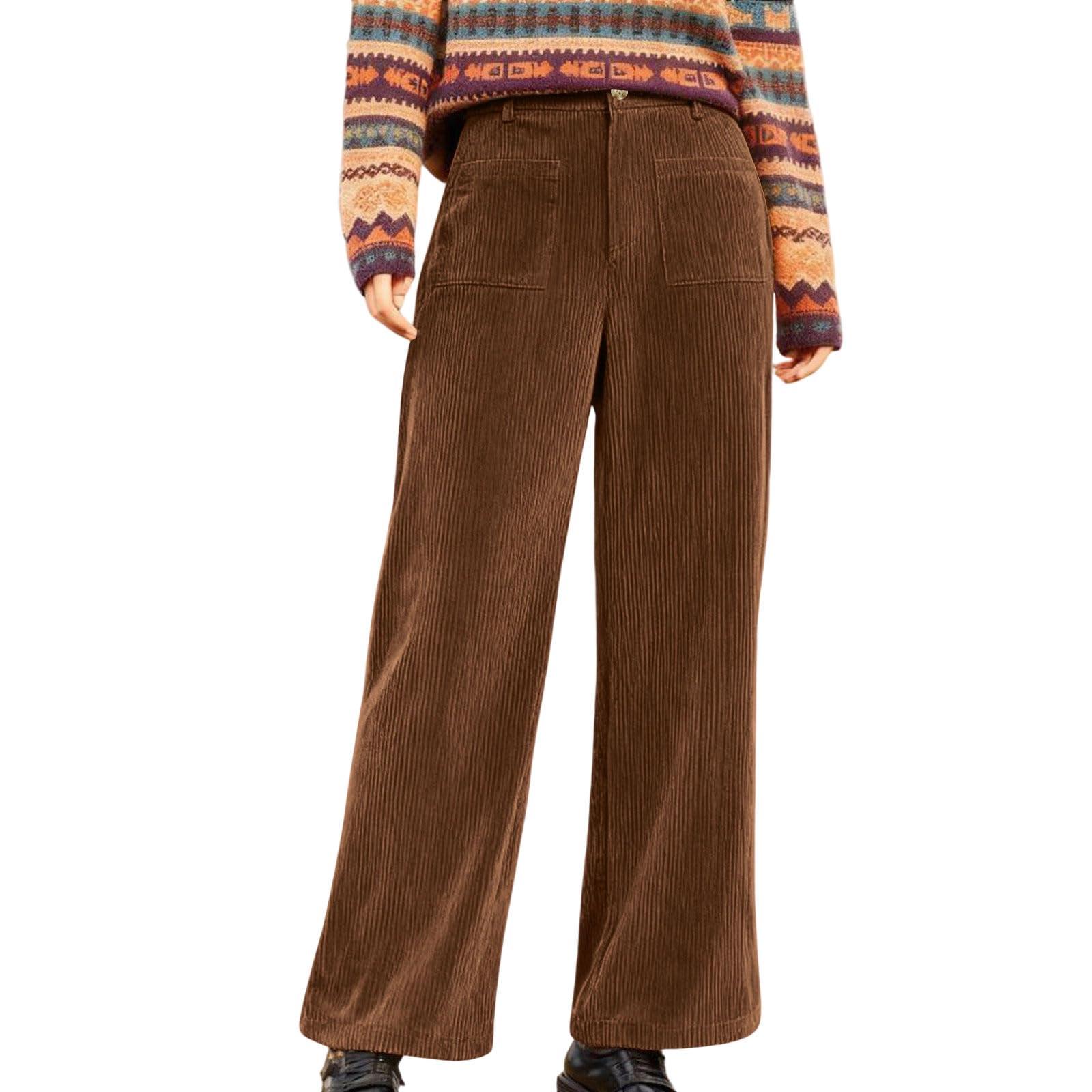 Wide Leg Corduroy Pants Women High Waisted Business Casual Work Pants with Pockets Loose Elastic Waist Office Trousers
