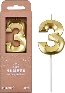 PHD CAKE 2.76 Inch Diamond Gold 3 Number Birthday Candles, Gold Number Candles, Cake Number Candles, Party Celebration