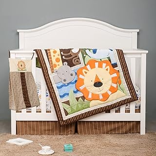4 PCs Brown Forest Animal Safari Nursery Crib Bedding Set Baby Boy Embroidery Lion Cot Bedding Set 1 Quilt 1 Fitted Sheet 1 Skirt 1 Diaper Storge Bag