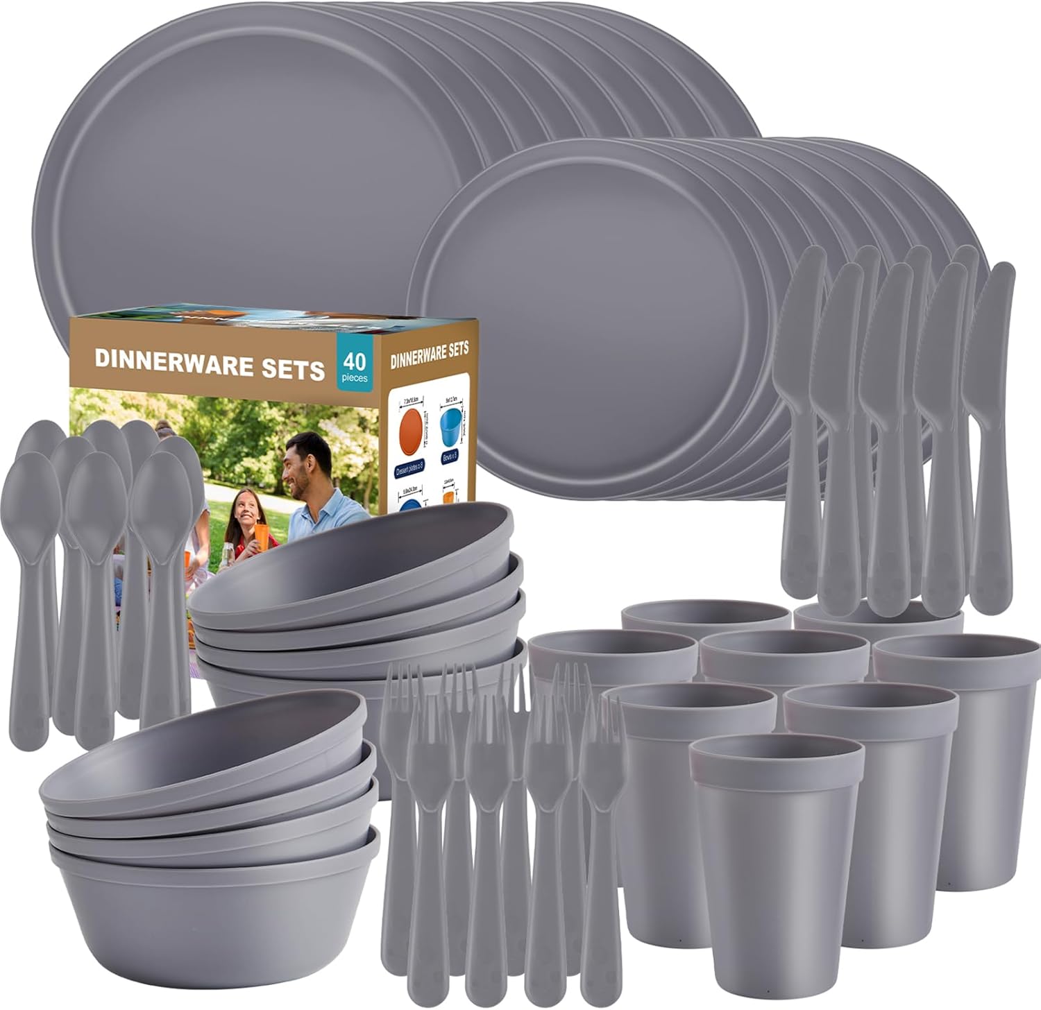 Plastic Dinnerware Sets  40-Piece Gray Plates and Bowls Sets, Unbreakable, Reusable Dishes Set for 8 with Cups, Knives, Forks and Spoons, for Camping and Outdoor Use