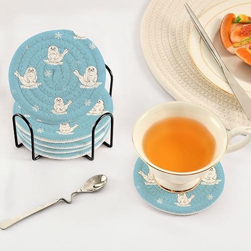 Miniatura 5 de Cute Cartoon Seal Pup Coasters Absorbent with Holder Set of 6 Coasters for Drinks Coffee Table Coasters Porta Vasos para Mesas