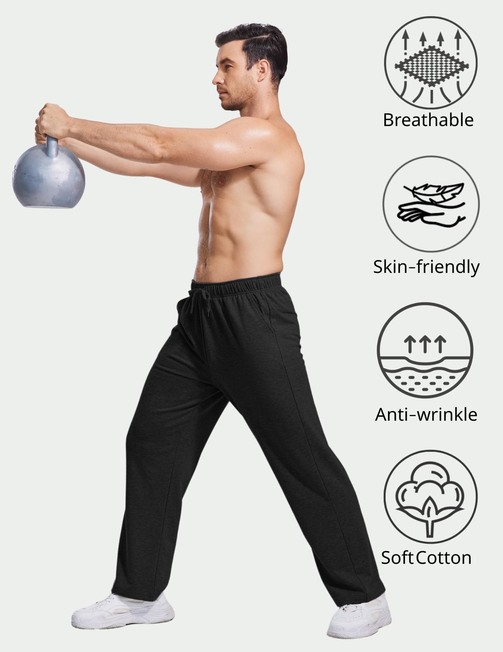 PINSPARK Pantalones de chándal para hombre, de algodón, ligeros, cintura elástica con cordón, con bolsillos, pantalones de yoga, pantalones de casa, pantalones de ocio