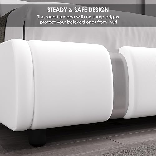 Miniatura 5 de Keyluv Armazón de cama moderno tapizado de piel sintética con cabecero curvado y decoración de espejo de metal, soporte de tablillas de madera, no