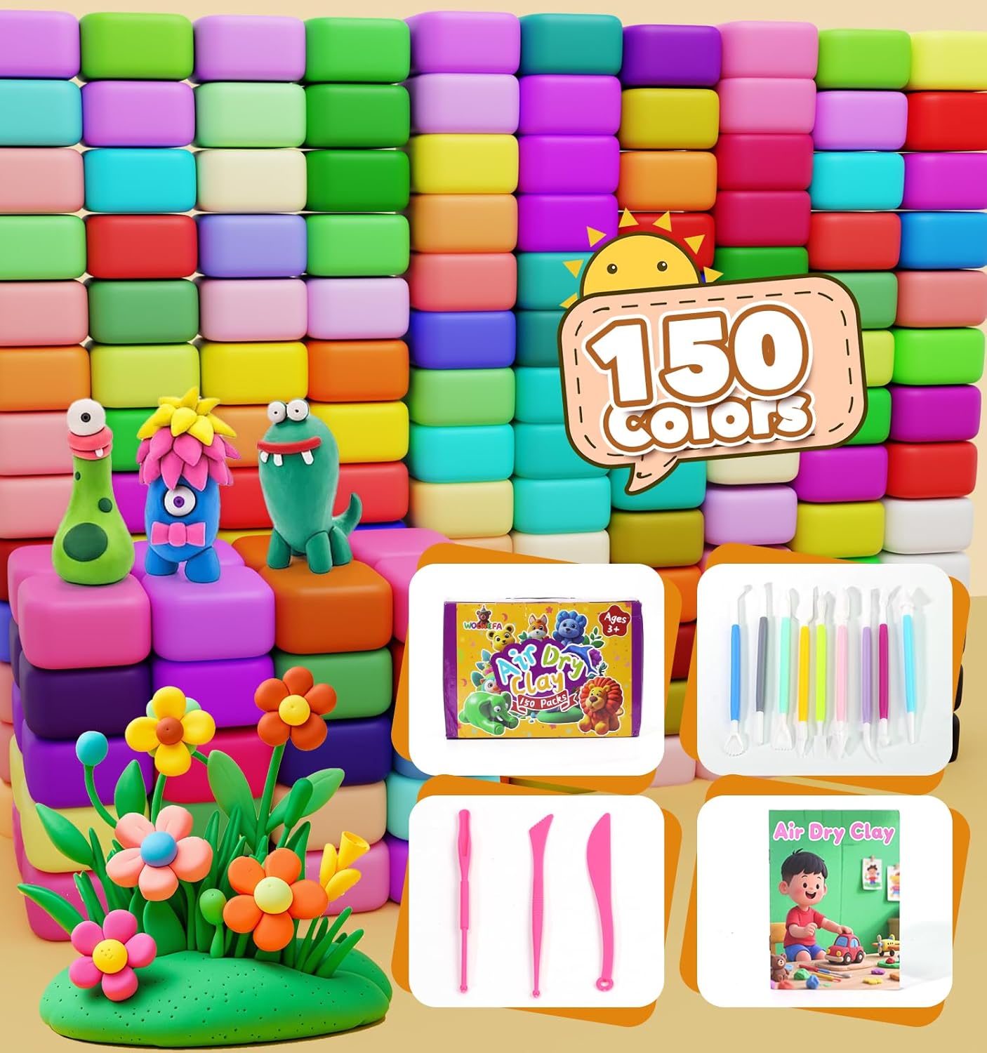 Air Dry Clay for Kids 150 Packs Air Foam Clay, Magic Clay, Non-Sticky Soft and Super Light Molding Clay with Sculpting Tools, Guide, Arts and Crafts Gift for Boys Girls Kids 3 Age+
