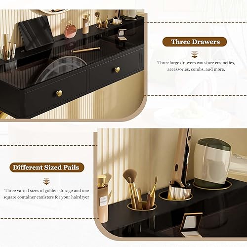 Miniatura 4 de Tocador de maquillaje blanco flotante con espejo LED y almacenamiento, escritorio de tocador montado en la pared para espacios pequeños, dormitorio