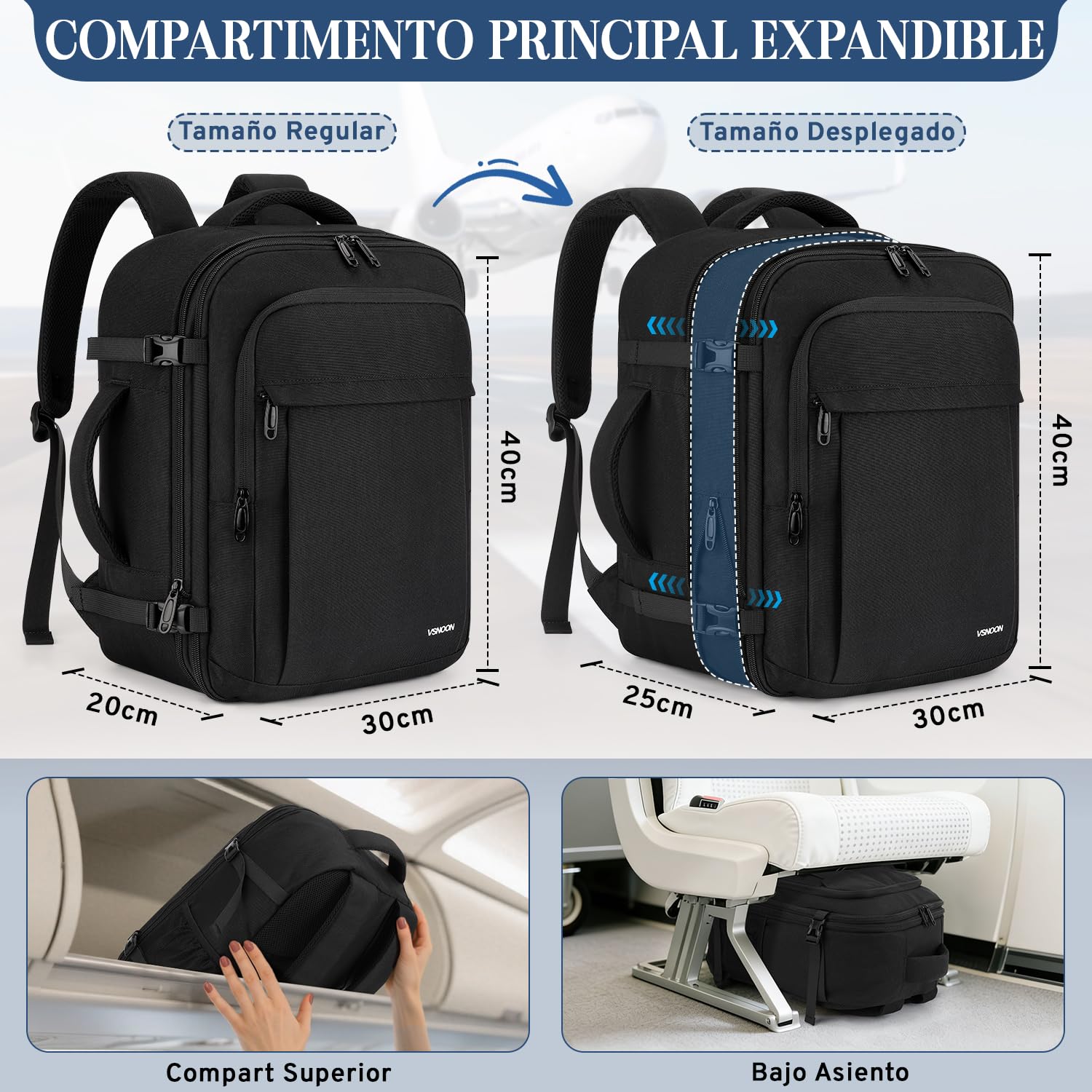 VSNOON Mochila 40x30x20 Expandible 24L-30L, Impermeable Mochila Viaje Cabina Avion 40x30x20 Para Ryanair, Vueling, Equipaje de Mano Hombre Mujere Con Bolsa Húmeda, Mochila Portatil 15 Pulgadas, Negro