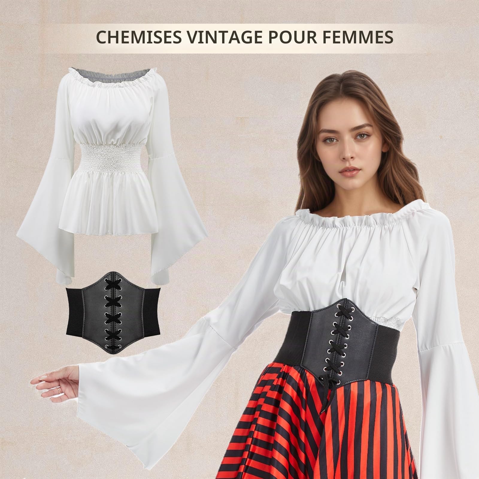 Chemisier gothique de la Renaissance pour femme – Vêtement médiéval victorien et pirate pour costumade et Halloween