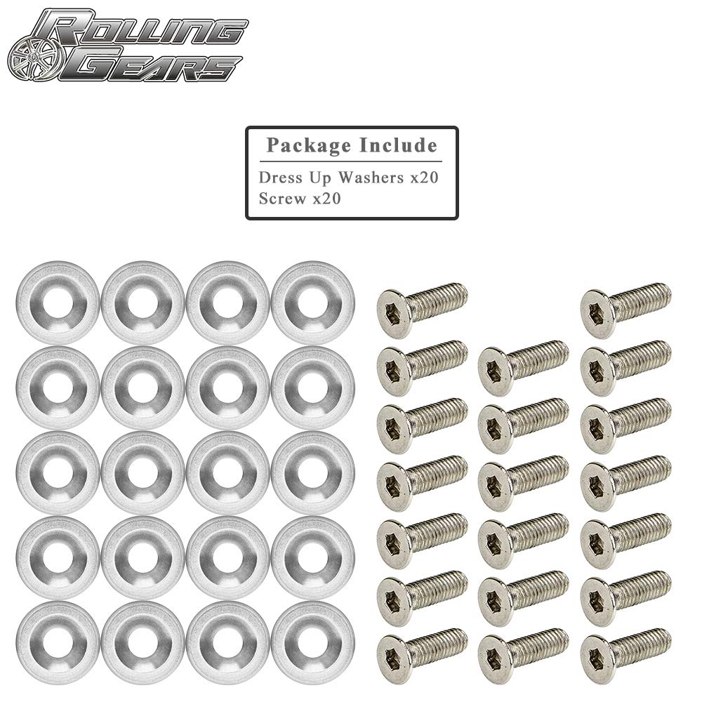 M6 x 18mm Anodized Aluminum Washer and Bolt Kit – 20-Piece Set for Fender Flares, Bumper, Mud Flaps, License Plate, Engine Bay Fasteners Dress Up Projects (Silver)