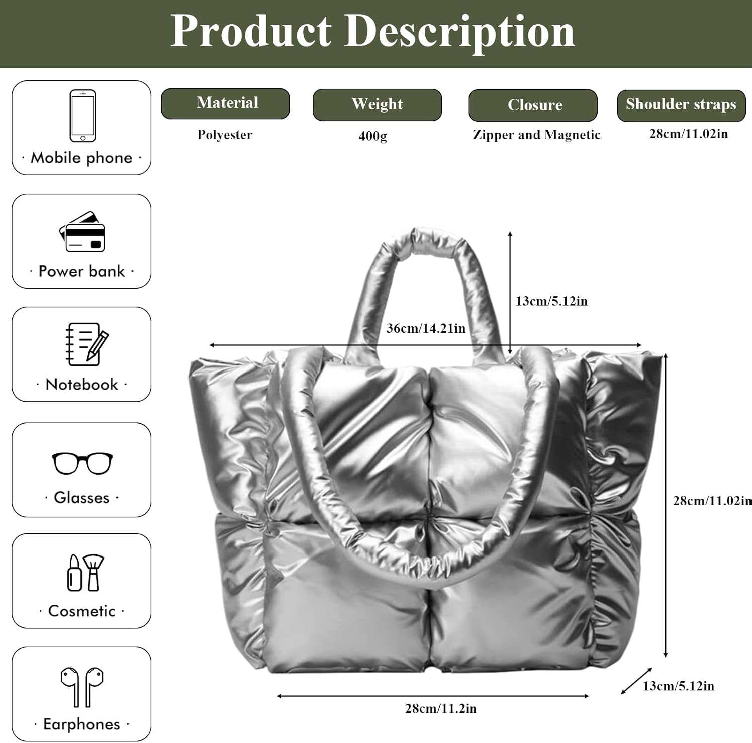 Puffer Tote Bag Soft Puffy Purses for Women Winter Light Down Cotton Padded Quilted Puff Shoulder Handbags | Puffer, Soft, Puffy, Winter, Light, Down Cotton - Image 2