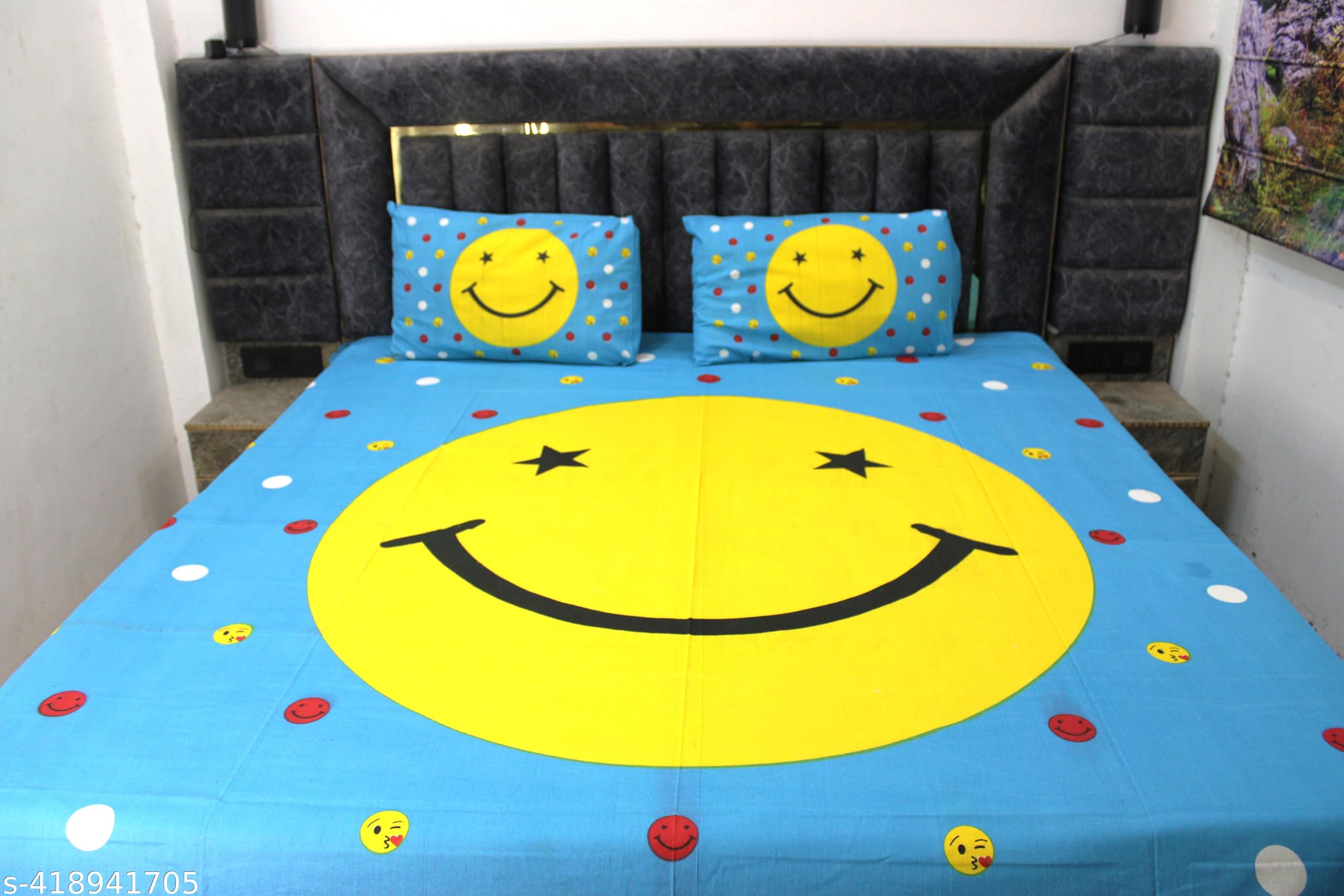 Kids Bedding Set with Smiley Face Design, Blue and Yellow with Pillowcases-picture-18