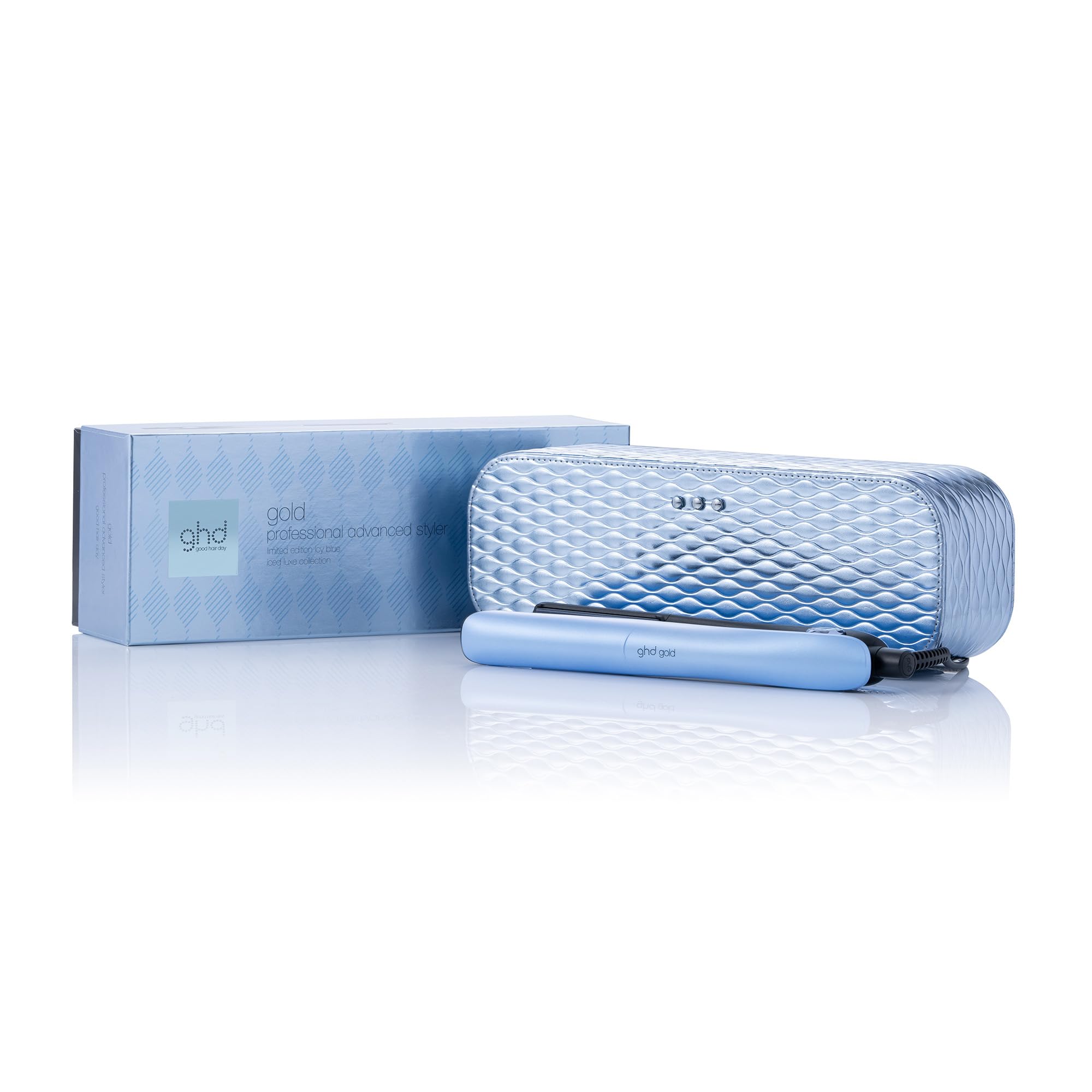 ghd gold Iced Luxe Collection - Plancha de pelo profesional con cofre de regalo para alisar, rizar y crear ondas, temperatura óptima 185ºC, tecnología dual-zone, edición limitada 2024, azul gélido