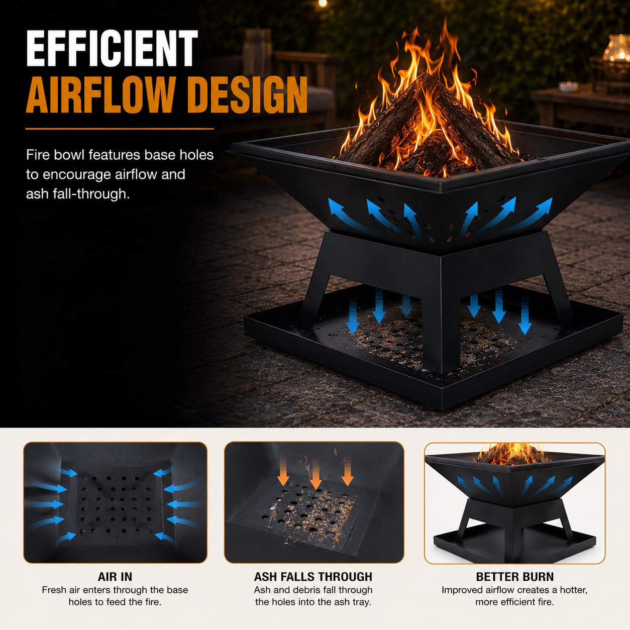 Garden Mile® - Grande braciere in metallo verniciato a polvere, colore nero, barbecue da esterno, braciere/stufa da giardino, quadrato