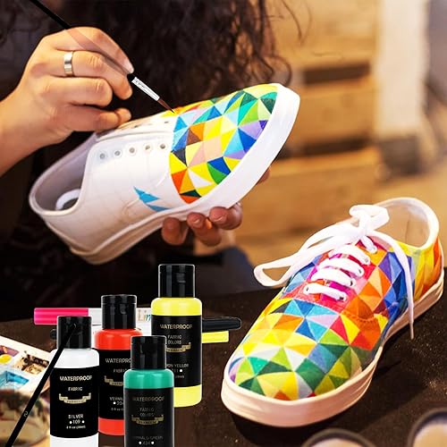 Miniatura 15 de Colorful Juego de pintura de tela con 6 pinceles, 1 paleta, 26 colores, impermeable, kit de pintura textil permanente para adultos a artes en ropa