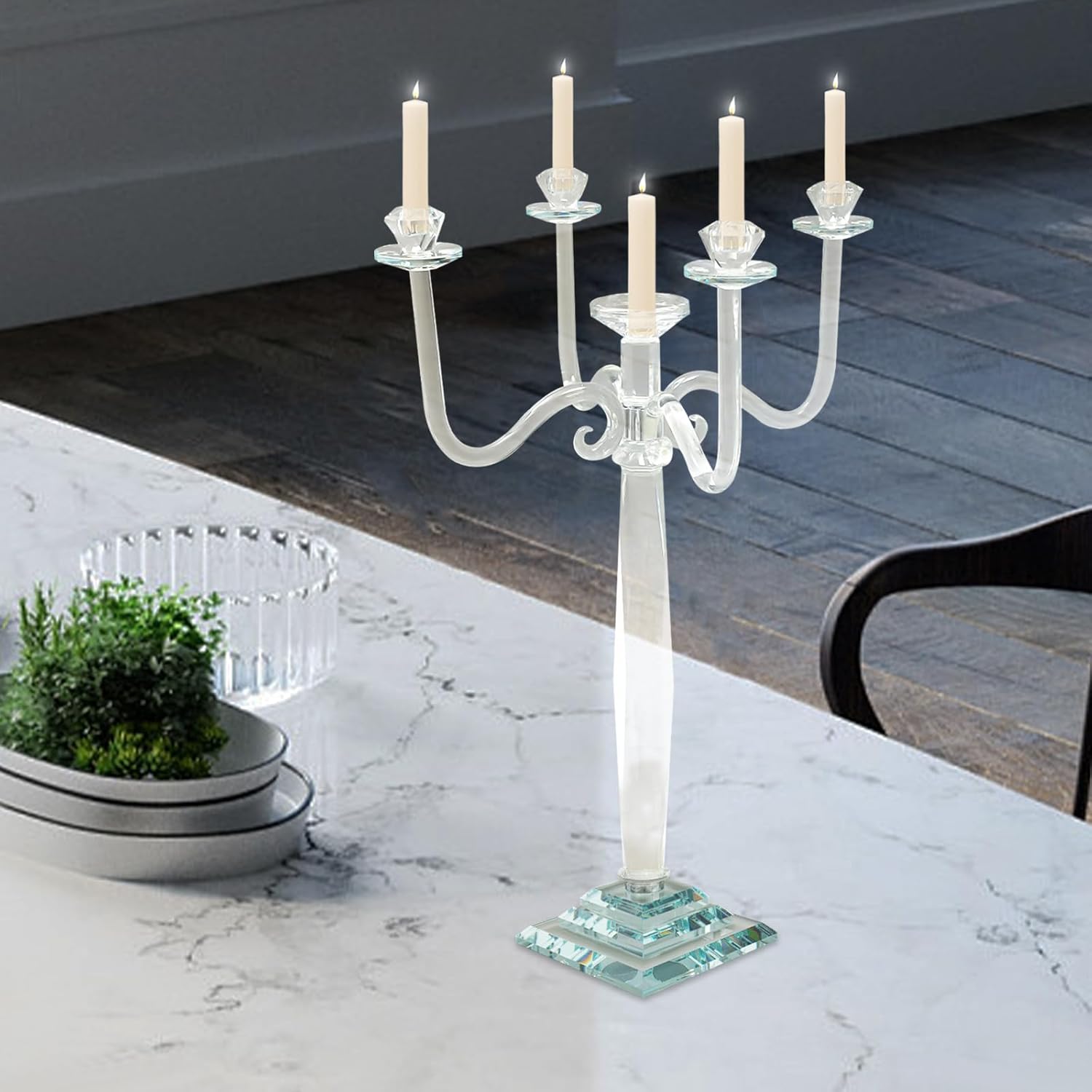 5 Heads Tabletop Candelabra, 23 Inch Crystal Candlestick Holders Clear Desktop Candle Holders for Candlelight Dinners Weddings Home Decorations Events