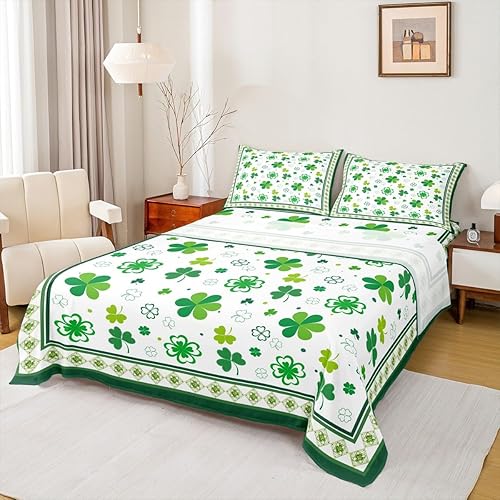 Manfei Juego de sábanas del Día de San Patricio tamaño matrimonial, juego de sábanas de tréboles de la suerte de 4 piezas con sábana bajera de