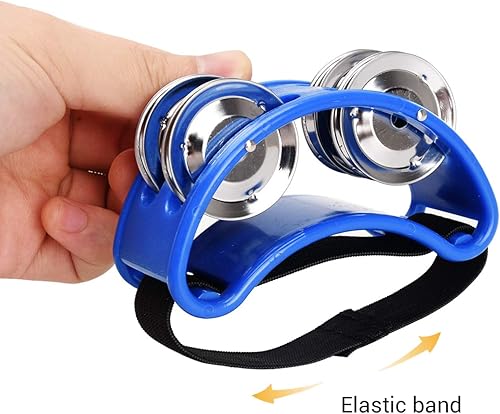 Vista 5 de Facmogu 2 panderetas de pie con jingles de metal, instrumento musical de percusión para pies, juego de tambor con banda elástica para fiestas