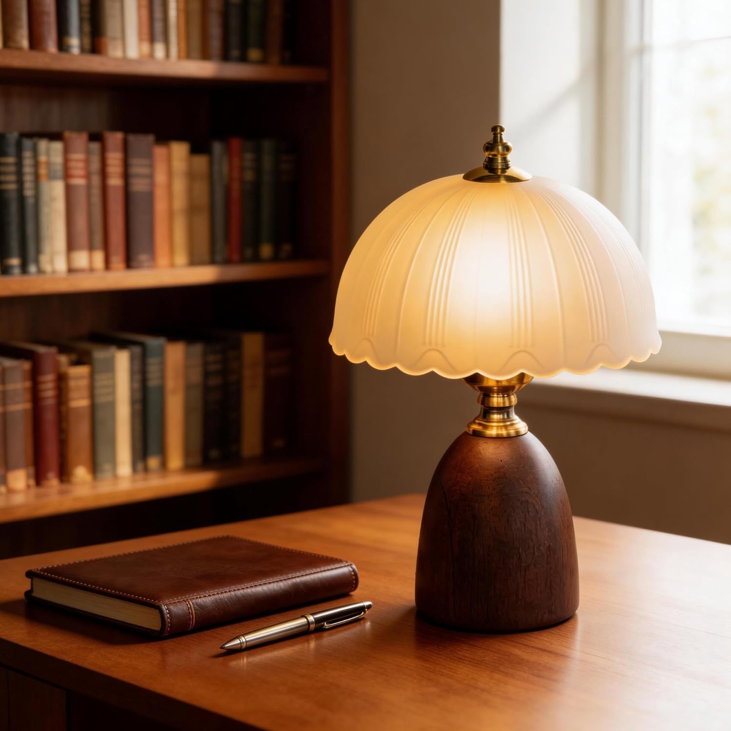 Mid-Century Modern Mushroom Table Lamp, Vintage Scalloped Frosted Glass Bedside Lamp for Bedroom Living Room, Solid Walnut Wood Base 3-Color Dimmable LED, Aesthetic Decor Gift