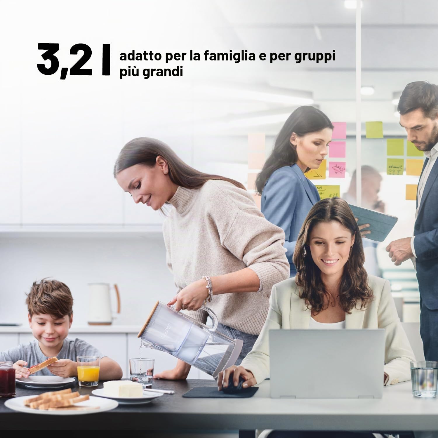 Lauben 32GW - Filtro d'acqua in vetro, capacità 3,2 l, vetro borosilicato, cartuccia inclusa, coperchio antibatterico in bambù, nessun retrogusto in plastica