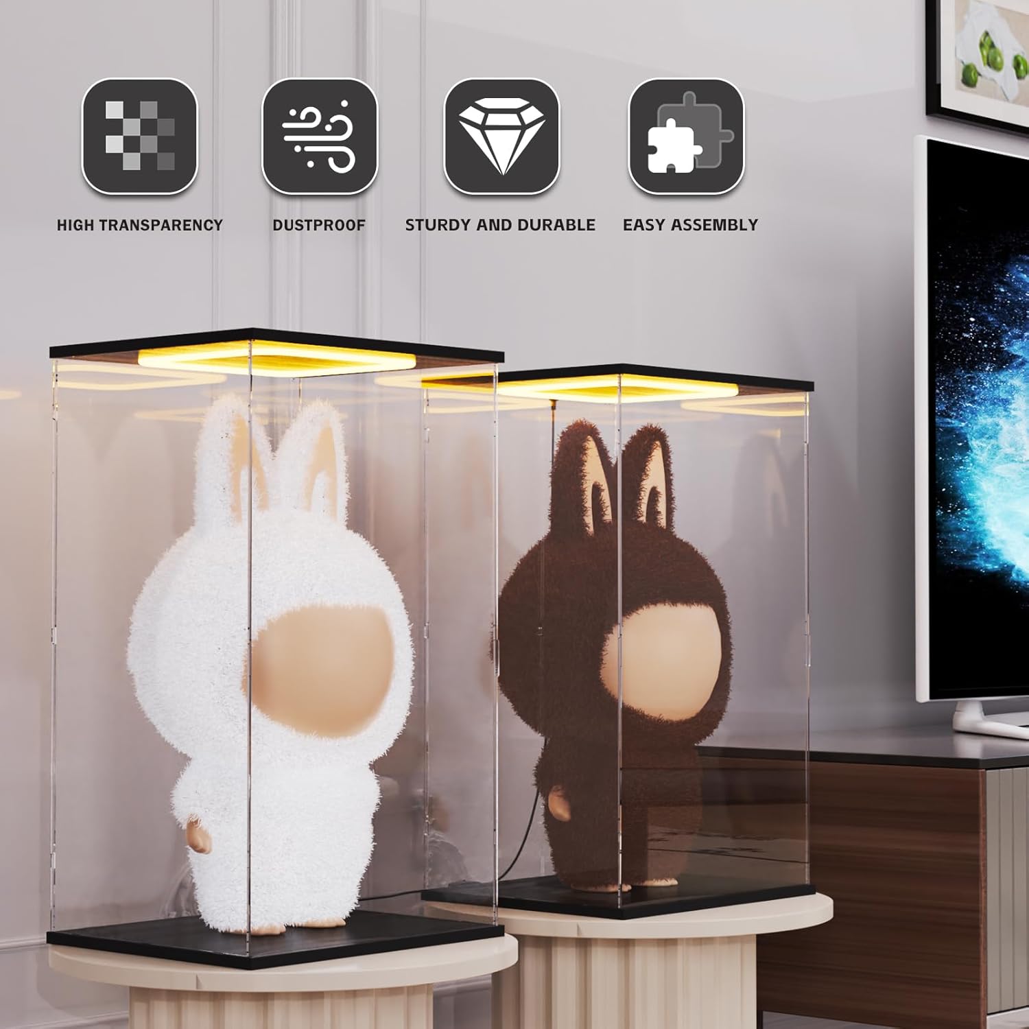 Nynelly Acrylic Display Case for Zimomo Labubu with Light, Clear Display Box for Large Collectibles Doll, Assemble Dustproof LED Showcase Storage Box with Door, 13.8x11.8x23.6in, Black - Image 6