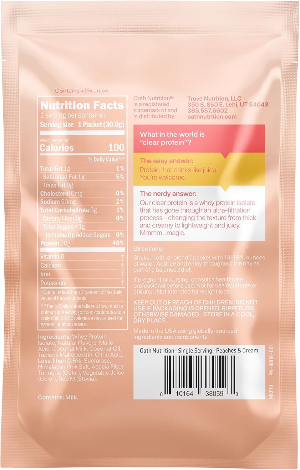 Oath Nutrition Clear Whey Isolate Protein Powder, Peaches & Cream, 20g Complete Protein per Serving, No Added Sugar, Grass-Fed, Single Serving (6 Count)