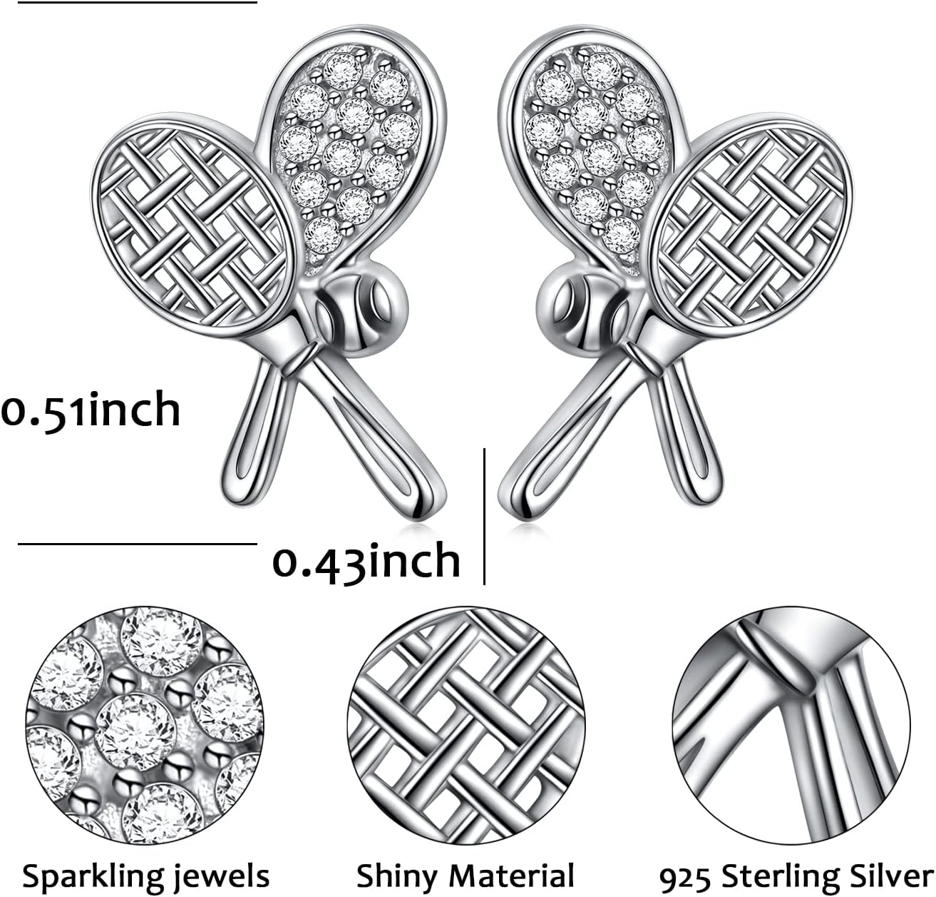 S925 Sterling Silver Tennis Racket and Ball Sport Cubic Zirconia CZ Stud Earrings Jewelry Gifts for Women Tennis lover - Image 5