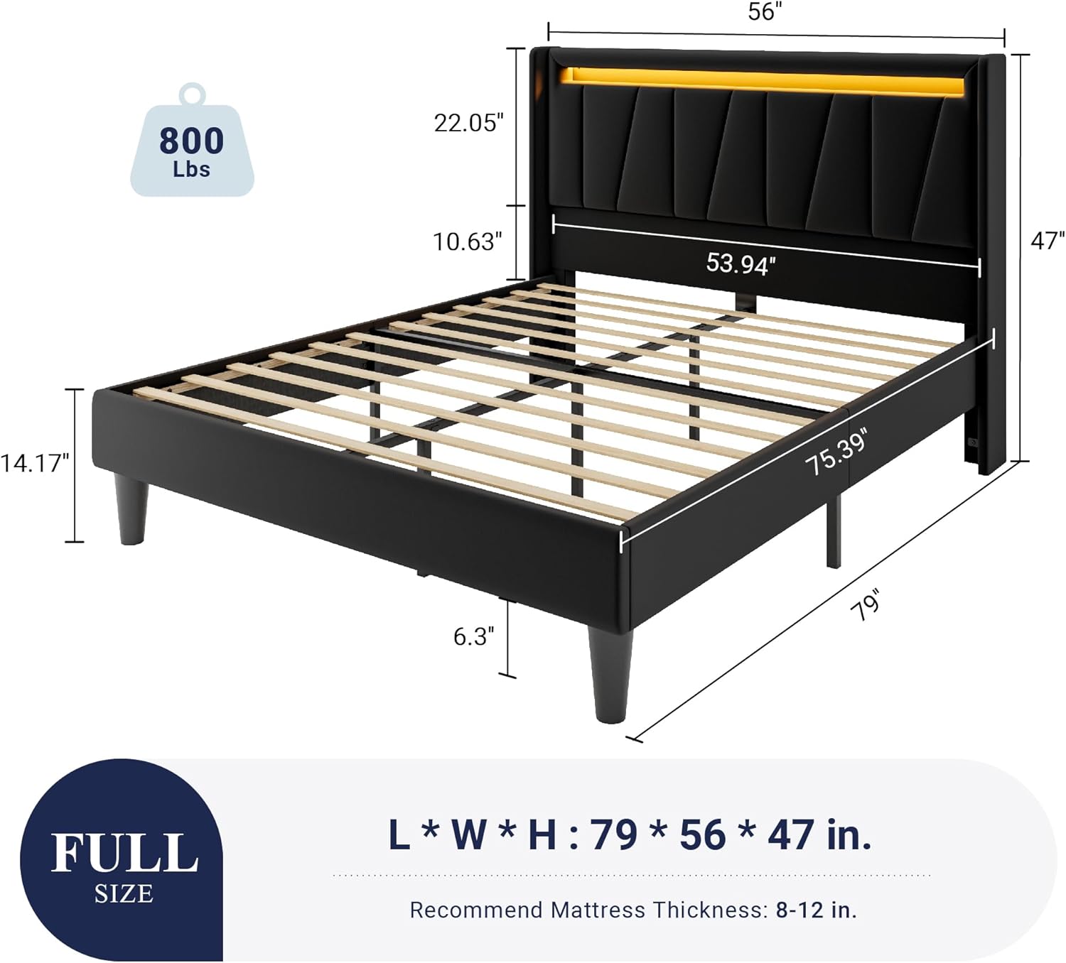 Allewie Full Size LED Bed Frame dimensions, showing 79L x 56W x 47H inches and 800 lbs weight capacity.
