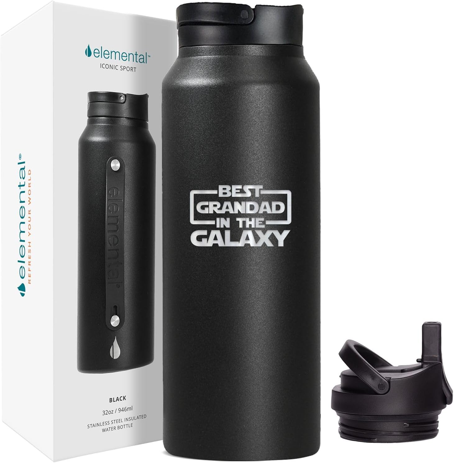 Grand Dad Stainless Steel Water Bottle – 32oz Insulated, Leak-Proof Bottle with 2 Straws – Gift for Travel, Gym & Outdoors – Perfect for Father’s Day, Birthday & Christmas – Black