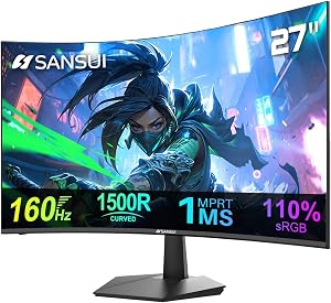 SANSUI Curved 27 Inch Monitor 160Hz 1Ms FHD 1080P Computer Screen 1500R|HDMI & DP|4000:1|110% sRGB|VESA Compatible, for Tablet, Desktop, Laptop and PC Work Gaming