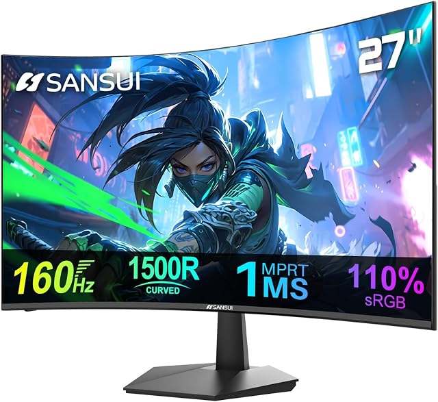 SANSUI Curved 27 Inch Monitor 160Hz 1Ms FHD 1080P Computer Screen 1500R|HDMI & DP|4000:1|110% sRGB|VESA Compatible, for Tablet, Desktop, Laptop and PC Work Gaming