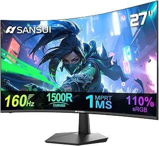 SANSUI Curved 27 Inch Monitor 160Hz 1Ms FHD 1080P Computer Screen 1500R|HDMI & DP|4000:1|110% sRGB|VESA Compatible, for Tablet, Desktop, Laptop and PC Work Gaming