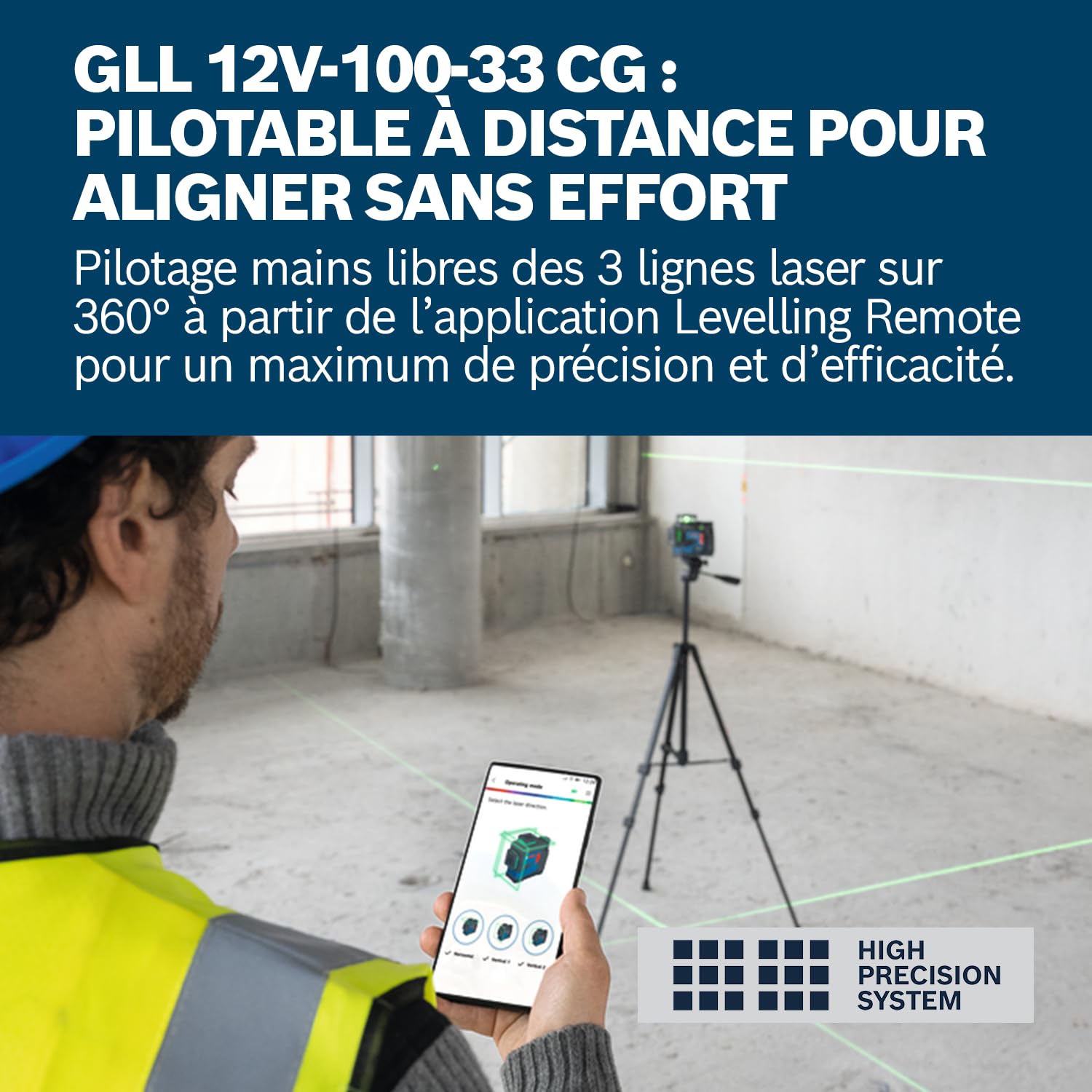 Bosch Professional laser lignes GLL 12V-100-33 CG (3 lignes laser vertes sur 360°, portée de 100 m (rayon), IP 65, Levelling Remote, LB 10, DK 20, GBA 12V 2.0Ah, GAL 12V-40, housse, L-BOXX)