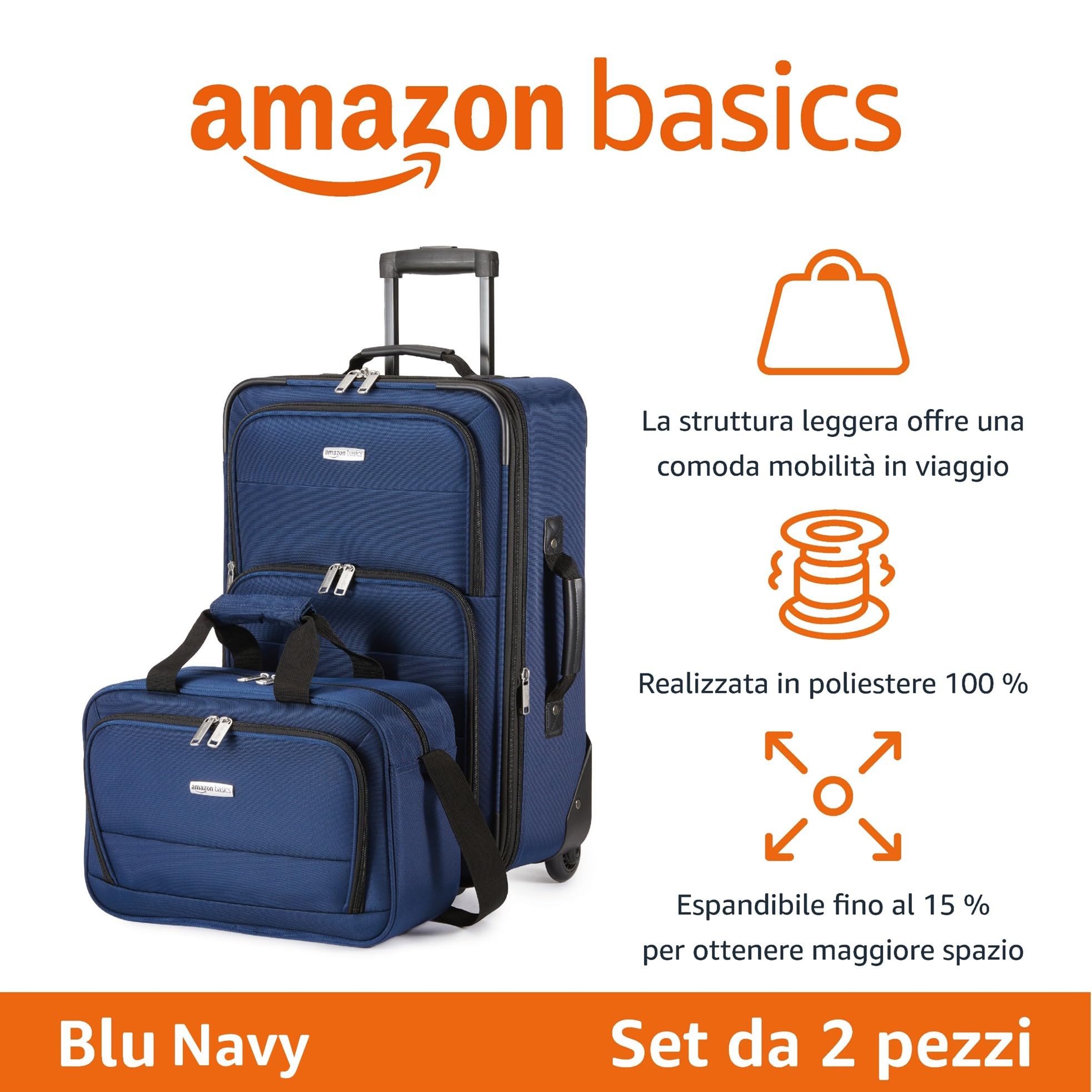 Amazon Basics Set di 2 Bagagli Impilabili, Valigia Espandibile (58 cm) e Borsa in Tessuto (25 cm), Leggeri, 100% Poliestere, Blu Scuro