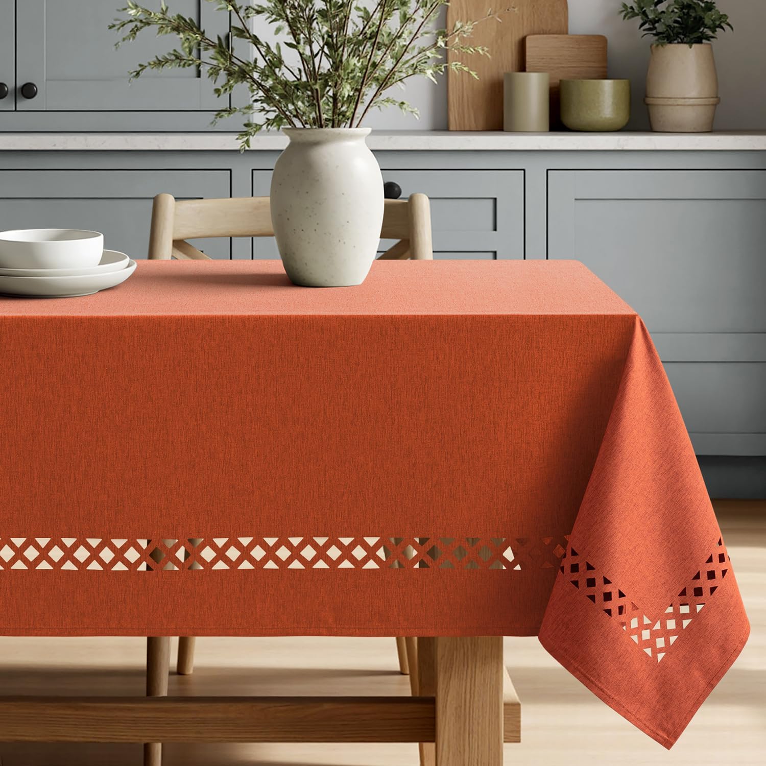 miulee burnt orange rectangle linen polyester fall thanksgiving tablecloth with decorative cutouts waterproof stain resistant table cloth 60x120 inch farmhouse style for dining wedding party burnt orange 120" x 60" (rectangular)
