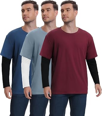 Kinglaman 6 Pack Long Sleeve + Short Sleeve Shirts for Men, Plain Solid Tshirts Casual Basic Underscrubs Soft Stretch Tees