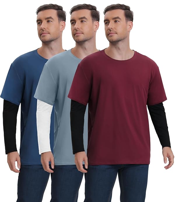 Kinglaman 6 Pack Long Sleeve + Short Sleeve Shirts for Men, Plain Solid Tshirts Casual Basic Underscrubs Soft Stretch Tees 1 Blue 1 Navy 1 Wine Short Sleeve, 2 Black 1 White Long Sleeve by Kinglaman - Used condition - US$24.45