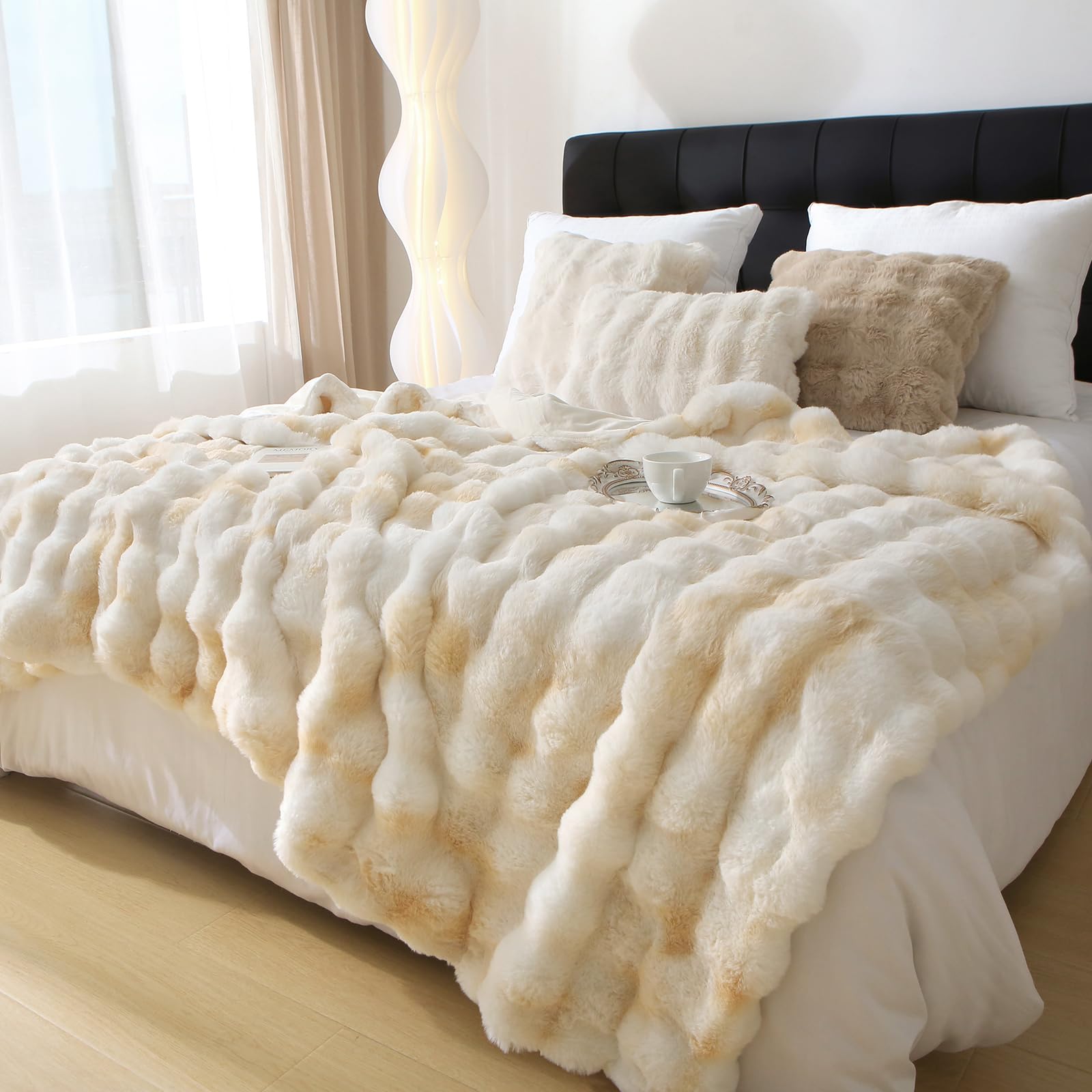 DREAMLANDING Faux Rabbit Fur Luxury Plush Sherpa Throw Blanket Reversible Fuzzy Warm Cozy Fluffy Fur Blanket for Bed Sofa Couch Home Decor (Beige Tie-dyed - Image 2