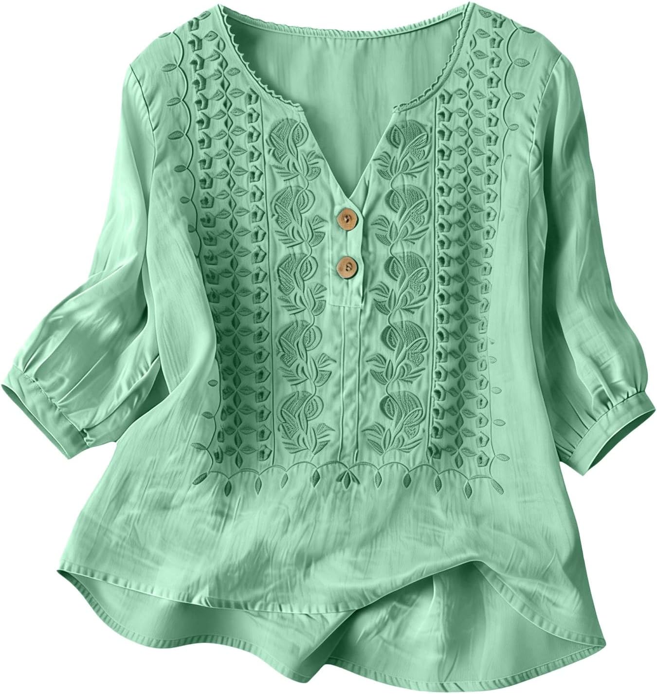 Embroidered Linen Shirts for Women - v Neck 3/4 Sleeve Length Boho Tops Plus Size Tunics Summer Dressy Casual Blouses - Image 4