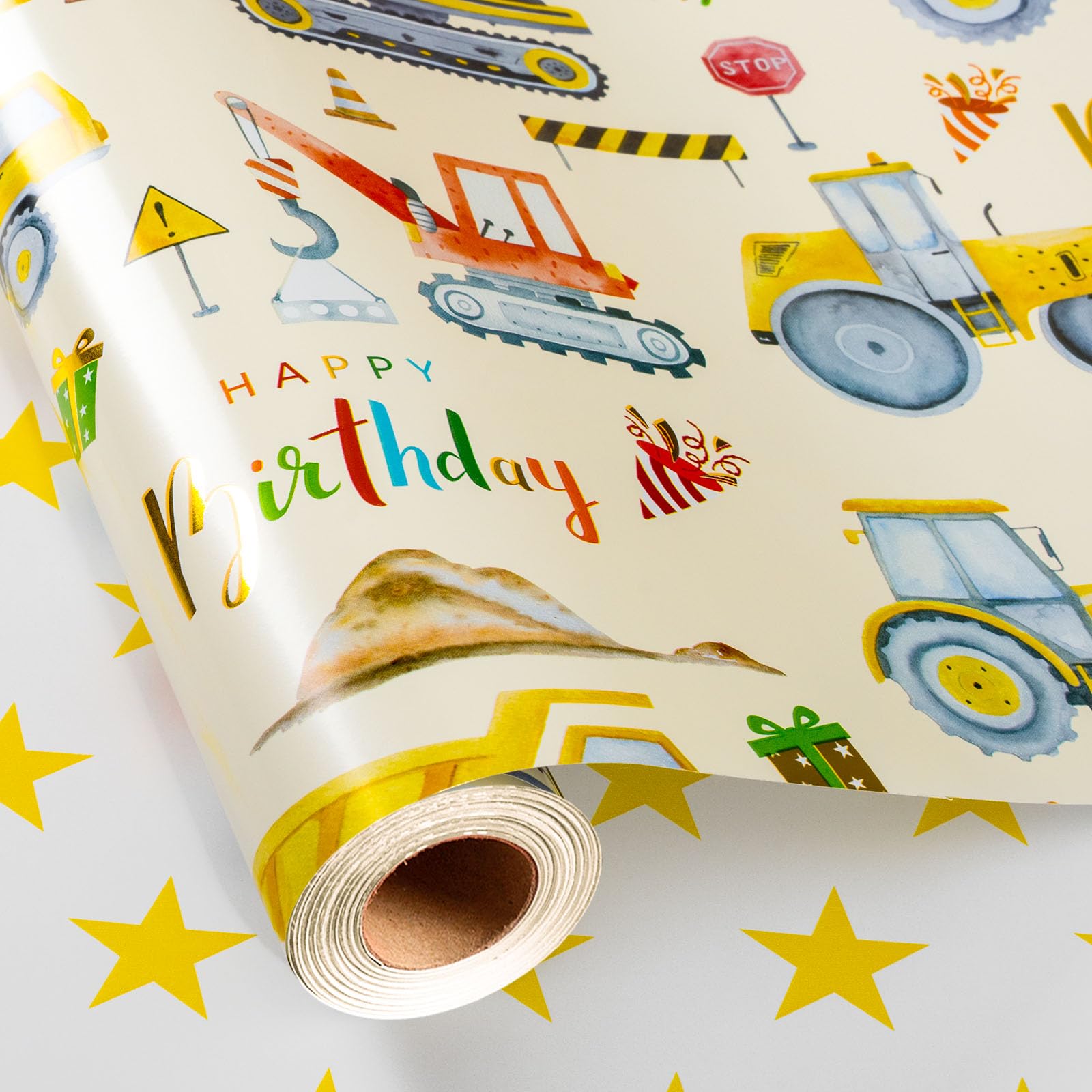 Wikadlik Construction Birthday Wrapping Paper - 43cm x 10m - Reversible Tractor Happy Birthday Script & Star Design Gift Wrap Mini Roll