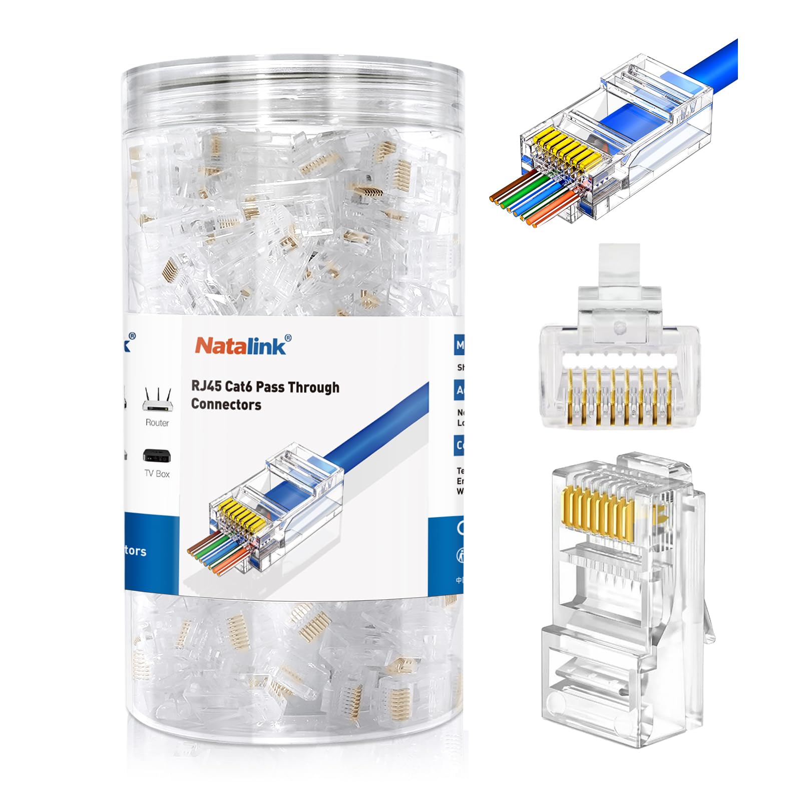 NataLink RJ45 Cat 6 Connectors, 200-Pack Cat6 Pass Through Connectors Ethernet Cable Connector Cat 6 Ends RJ45 Modular Plugs for Solid or Stranded UTP