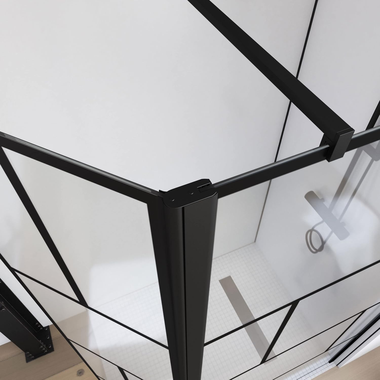 Close-up of the top corner joint of the Aurlane FAC590 Blocks 90R Shower Wall