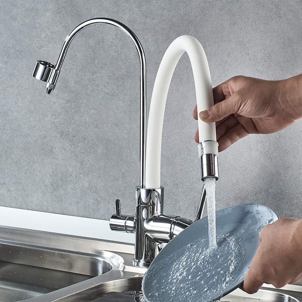 Image secondaire de Ibergrif M22122-3 Robinet de Cuisine Poignée Double avec Bec Flexible, Mitigeur d'évier 3 Voies, Chrome, Blanc